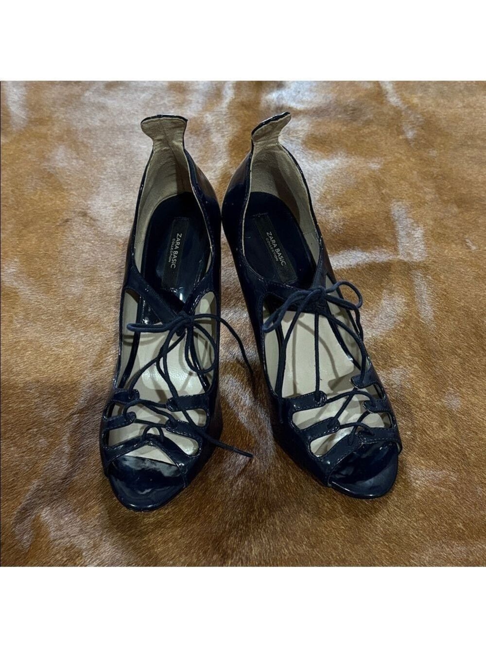 Zara Blue Patent Lace-Up Peep Toe Heel - Size 37 Euro